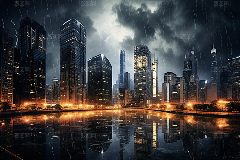 暴雨闪电城市高清摄影图