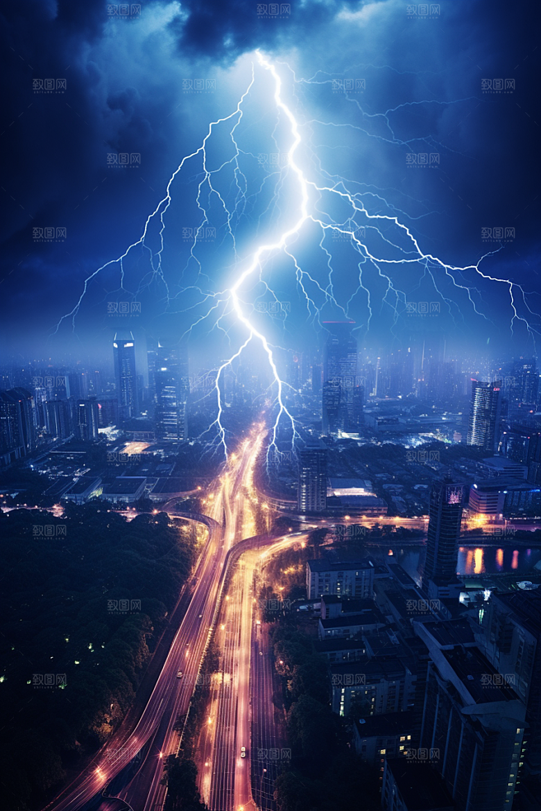 暴雨闪电城市雷雨摄影图