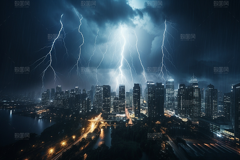 暴雨闪电雷暴城市摄影图