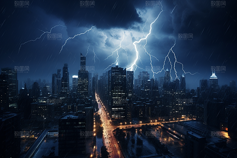 暴雨闪电城市雷雨摄影图