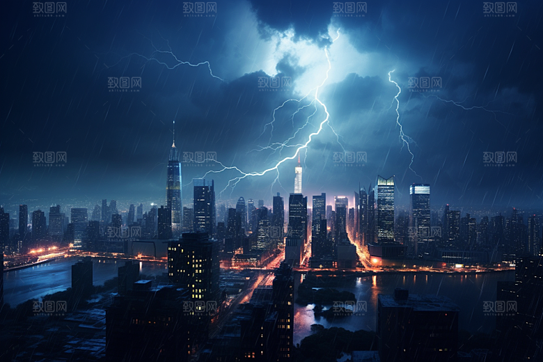 暴雨闪电电闪雷鸣极端天气摄影图