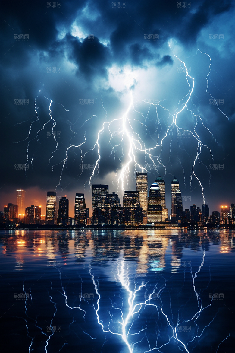 暴雨闪电城市雷暴摄影图
