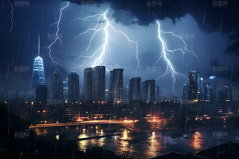暴雨闪电电闪雷鸣气象摄影图