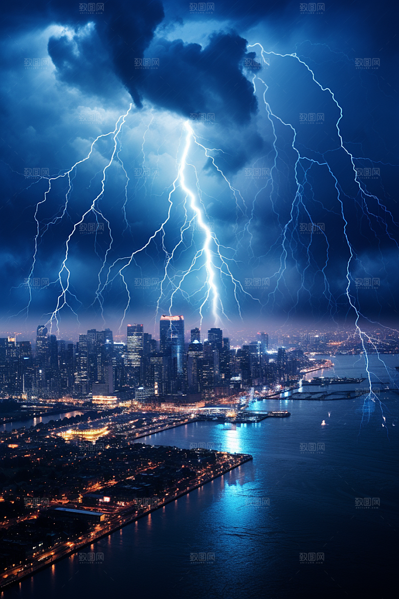 暴雨闪电城市自然现象摄影图