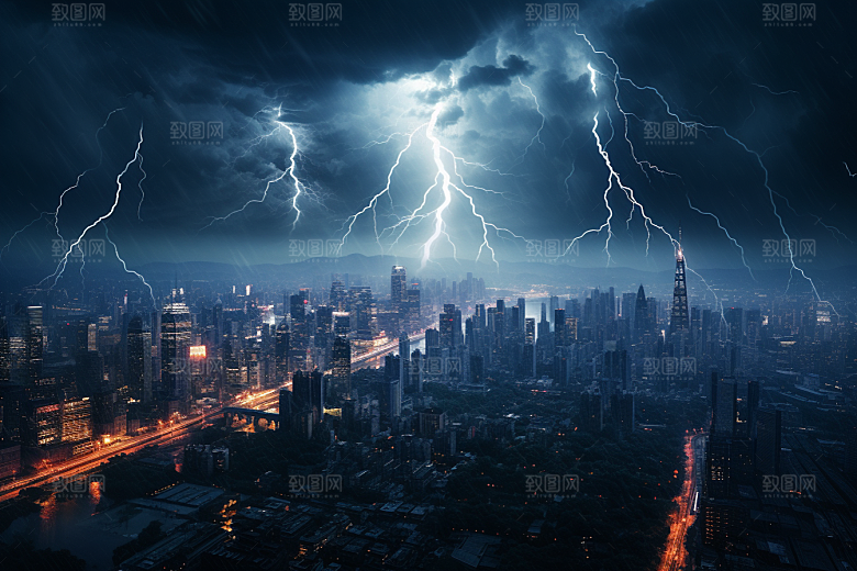 暴雨闪电极端天气高清摄影图