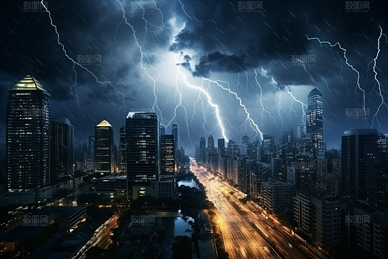 暴雨闪电极端天气自然灾害摄影图