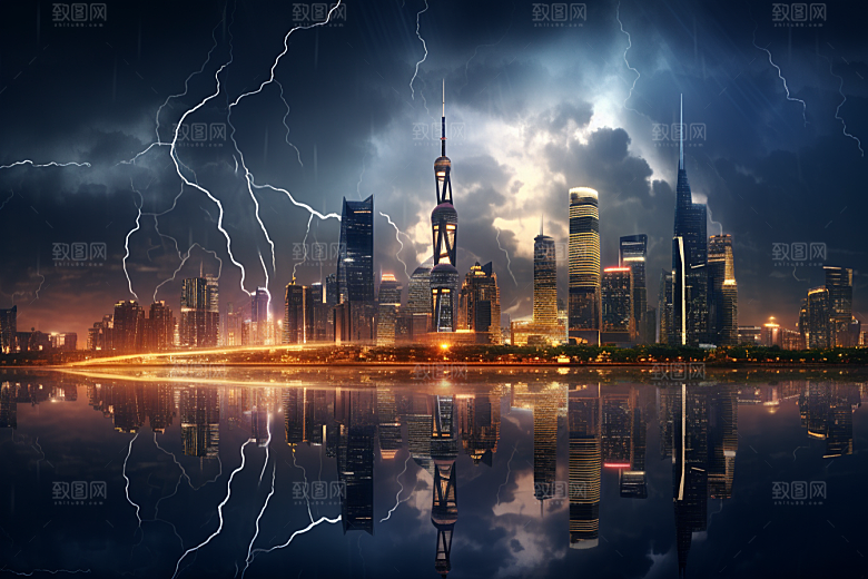 暴雨闪电极端天气自然灾害摄影图