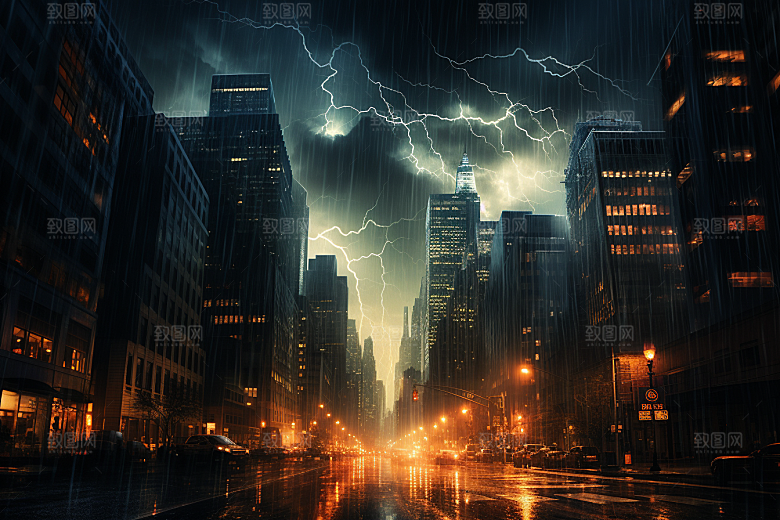 暴雨闪电雷暴城市摄影图