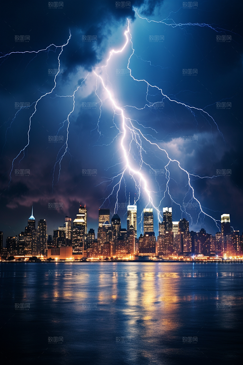 暴雨闪电自然现象城市摄影图
