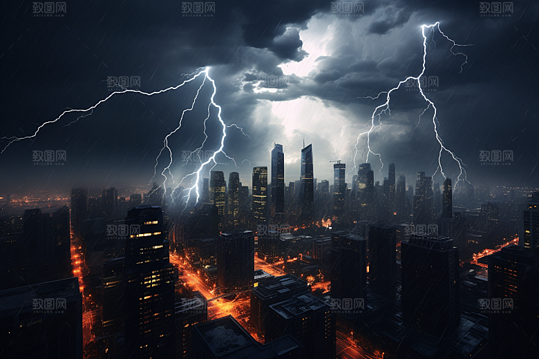 暴雨闪电电闪雷鸣自然灾害摄影图