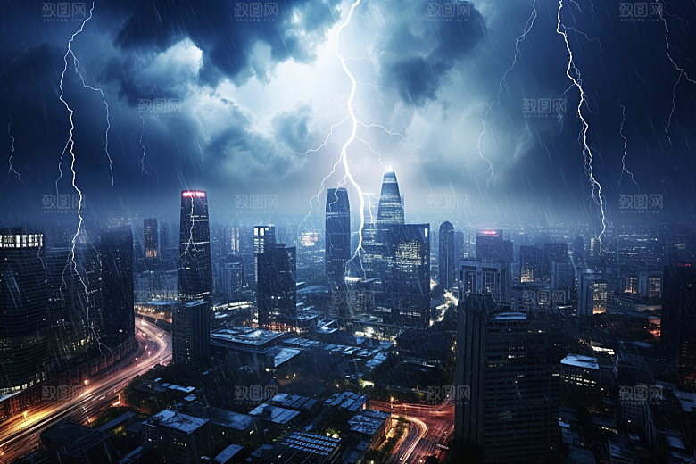 暴雨闪电自然灾害极端天气摄影图