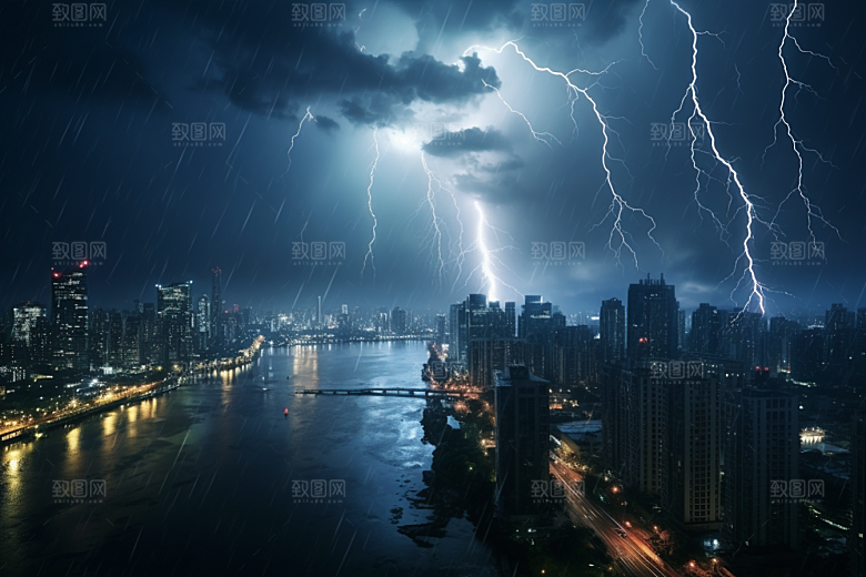 暴雨闪电电闪雷鸣自然灾害摄影图