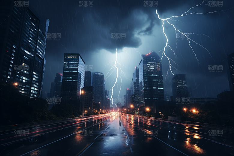 暴雨闪电自然灾害极端天气摄影图