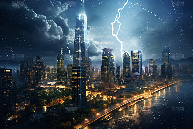 暴雨闪电电闪雷鸣极端天气摄影图