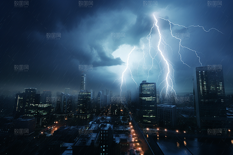 暴雨闪电城市自然现象摄影图