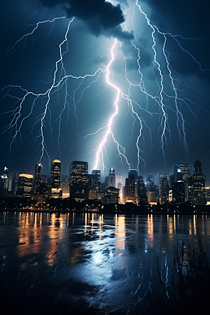 暴雨闪电城市极端天气摄影图