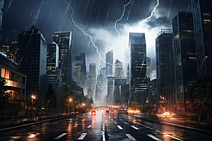 暴雨闪电城市电闪雷鸣摄影图