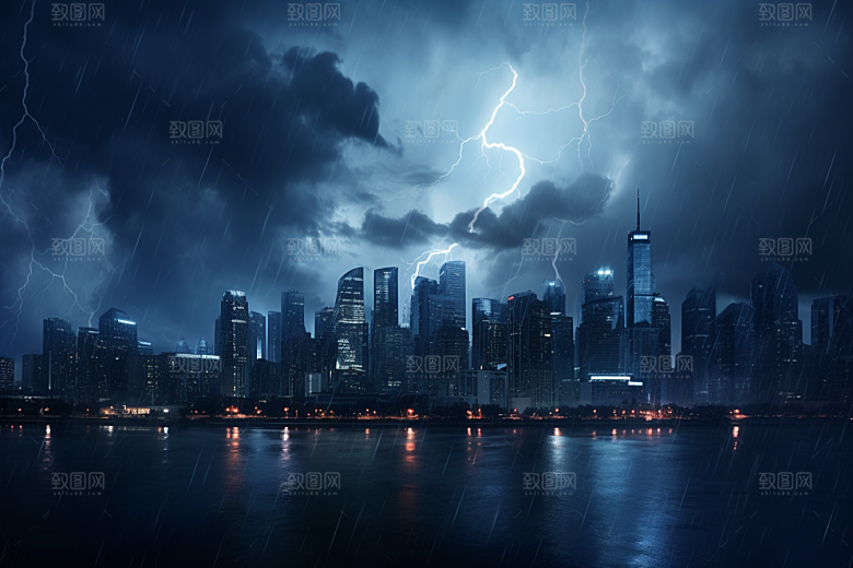 暴雨闪电自然灾害极端天气摄影图