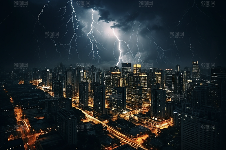 暴雨闪电雷雨城市摄影图