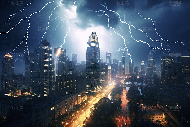 暴雨闪电雷雨气象摄影图
