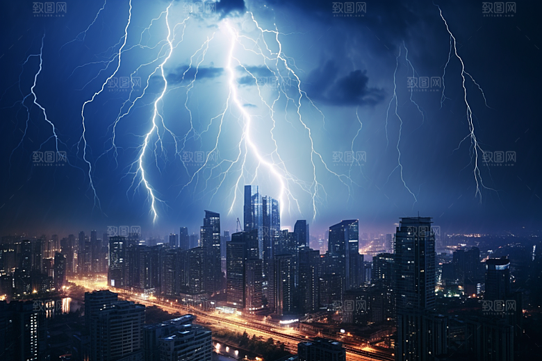 暴雨闪电雷雨城市摄影图