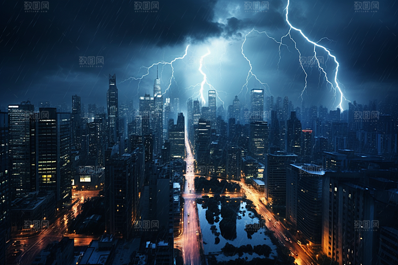 暴雨闪电自然灾害城市摄影图