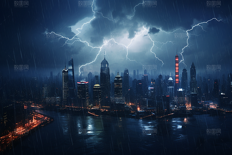 暴雨闪电城市雷暴摄影图