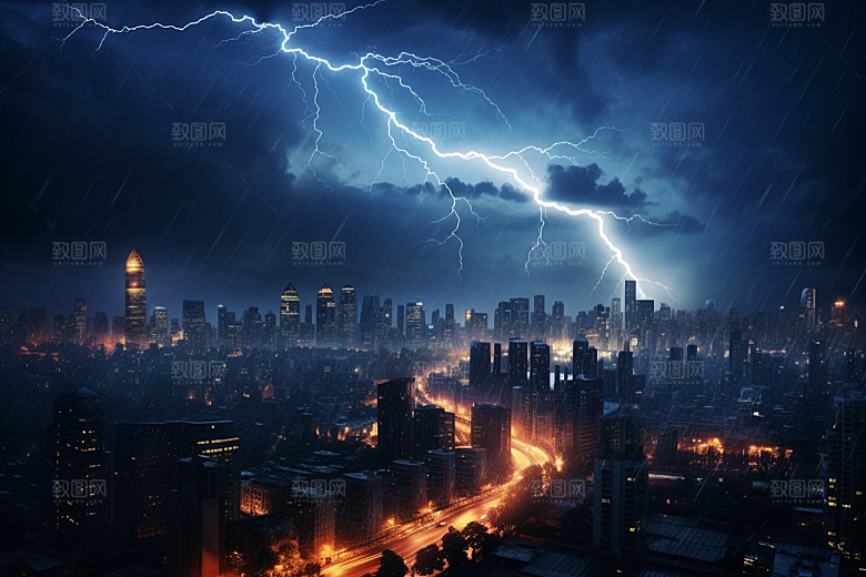 暴雨闪电城市雷暴摄影图