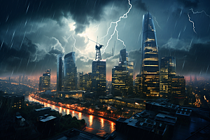 暴雨闪电气象城市摄影图