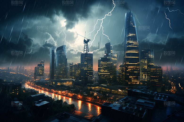 暴雨闪电气象城市摄影图