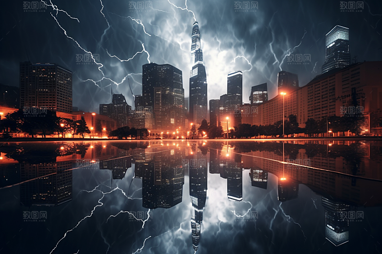暴雨闪电雷雨城市摄影图