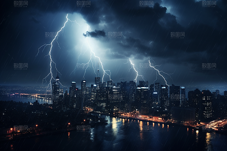 暴雨闪电电闪雷鸣城市摄影图