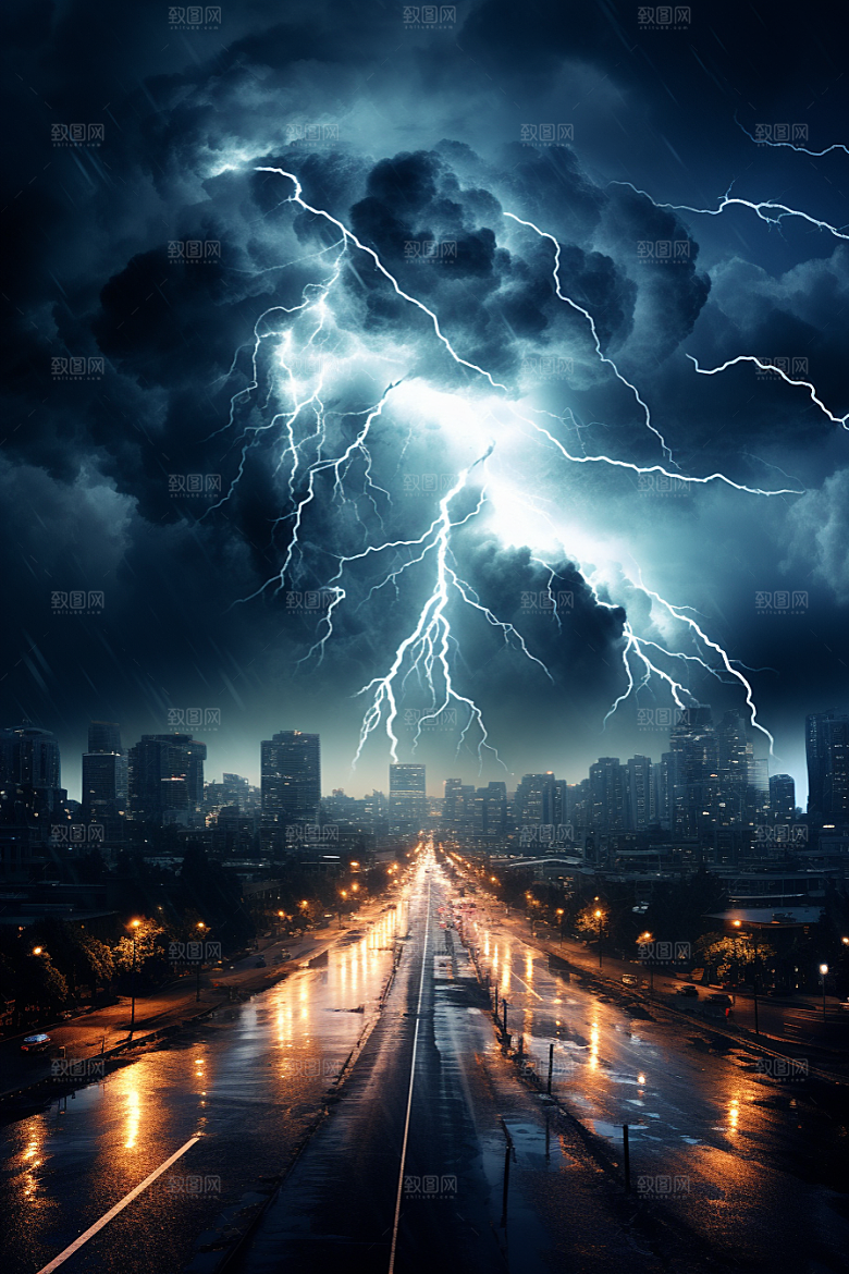 暴雨闪电电闪雷鸣自然灾害摄影图