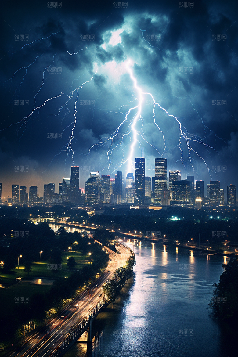暴雨闪电电闪雷鸣自然现象摄影图