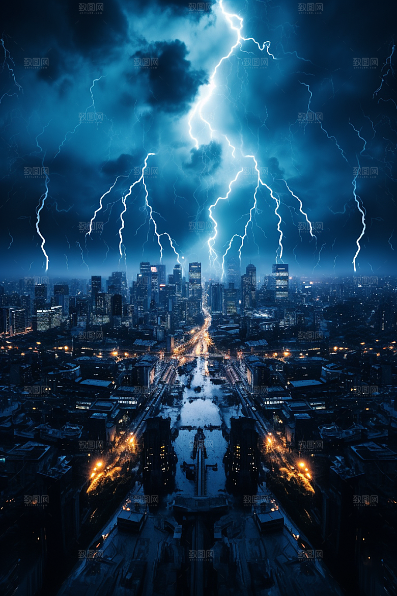 暴雨闪电电闪雷鸣极端天气摄影图