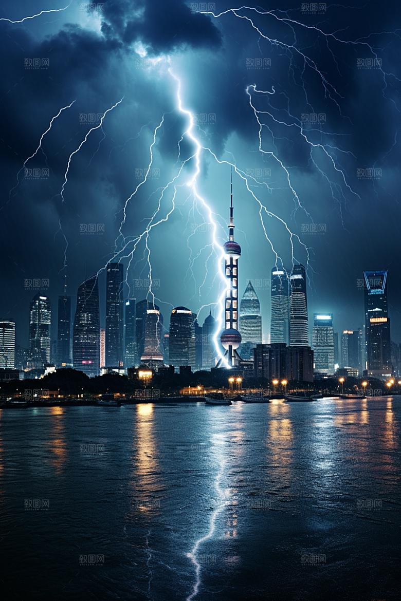 暴雨闪电恶劣天气城市摄影图