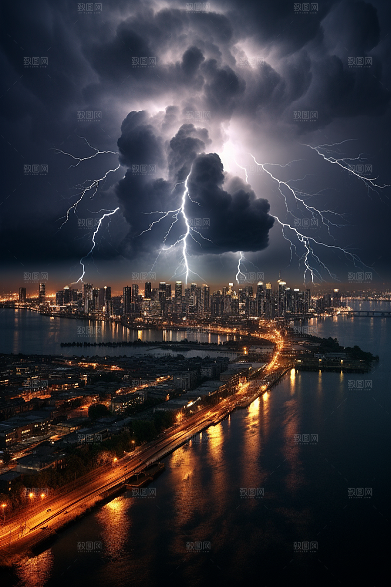 暴雨闪电气象城市摄影图