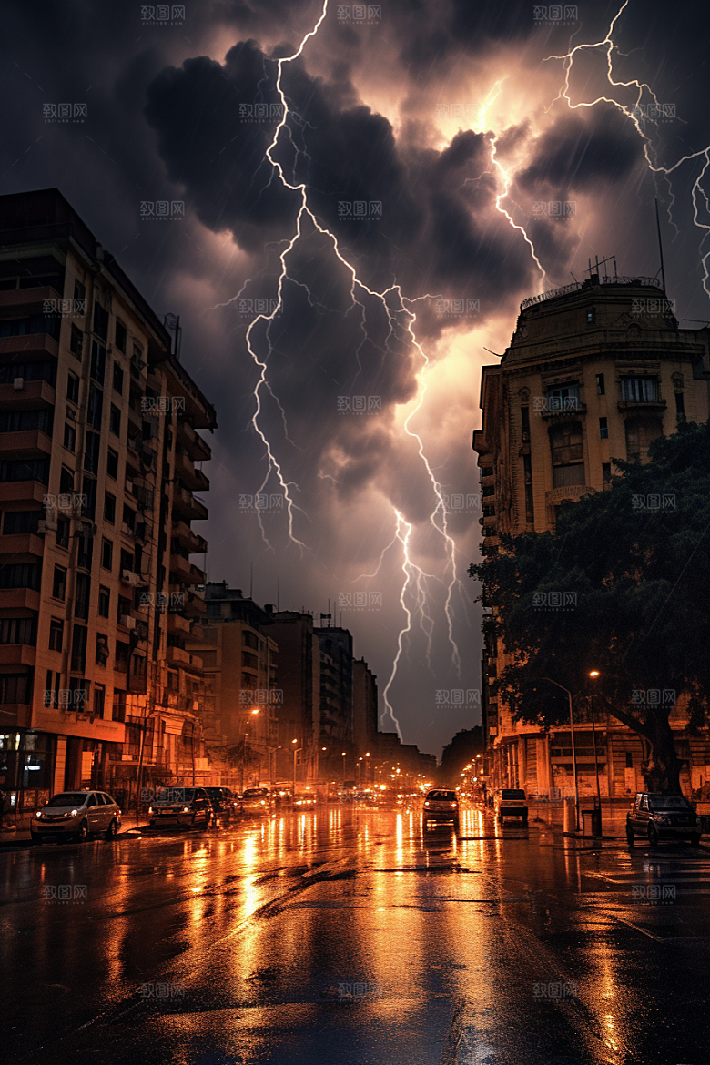 暴雨闪电雷暴极端天气摄影图