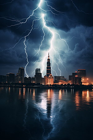 暴雨闪电城市气象摄影图