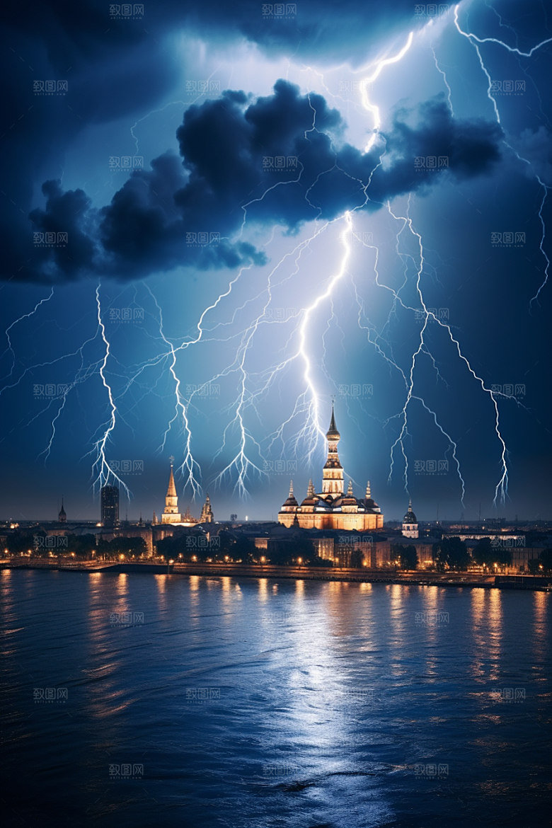 暴雨闪电极端天气自然灾害摄影图