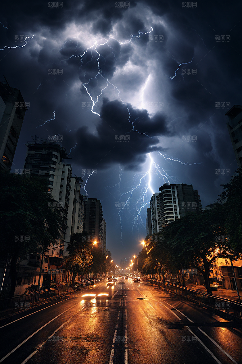 暴雨闪电电闪雷鸣气象摄影图