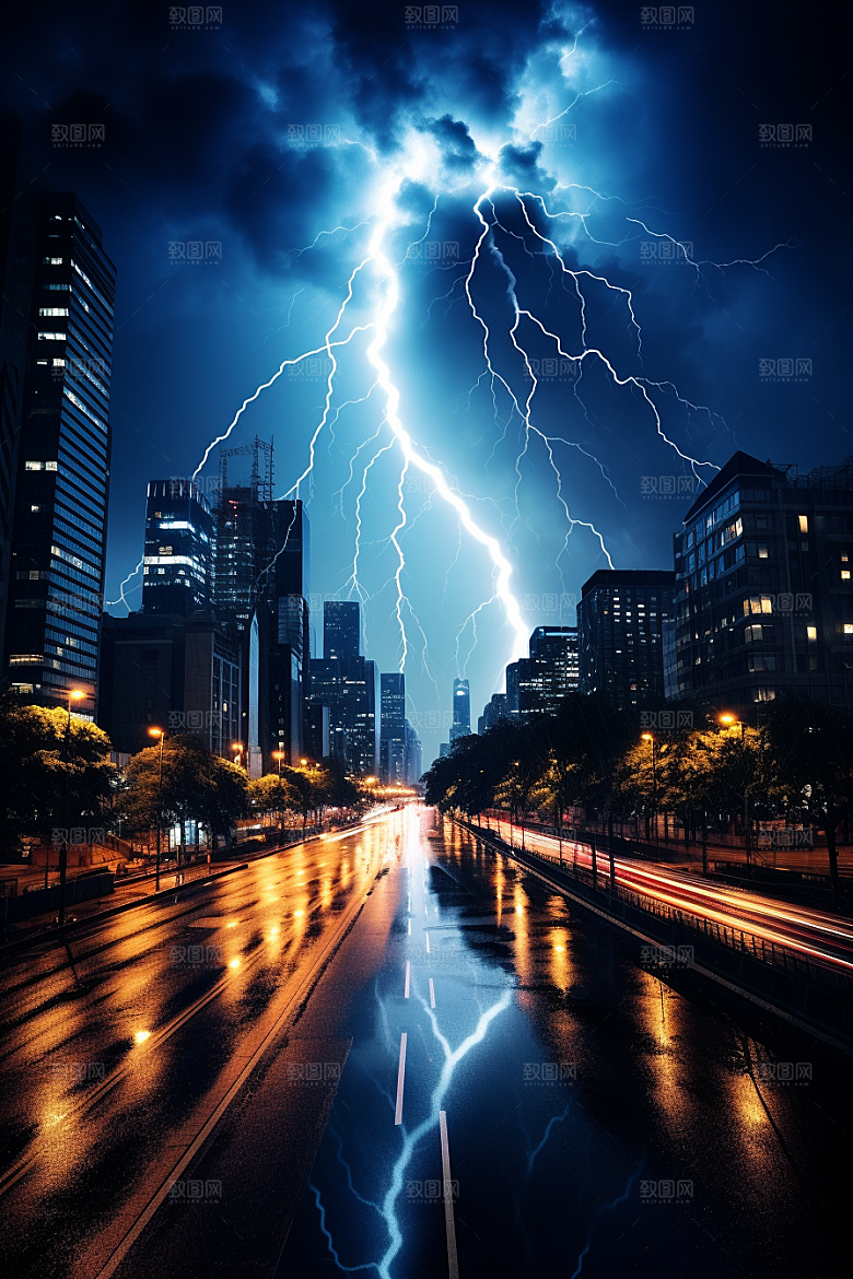 暴雨闪电气象城市摄影图