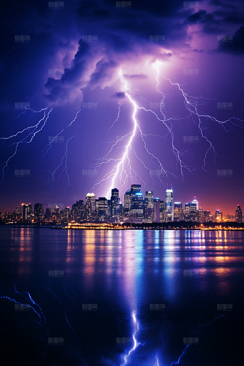 暴雨闪电雷暴城市摄影图
