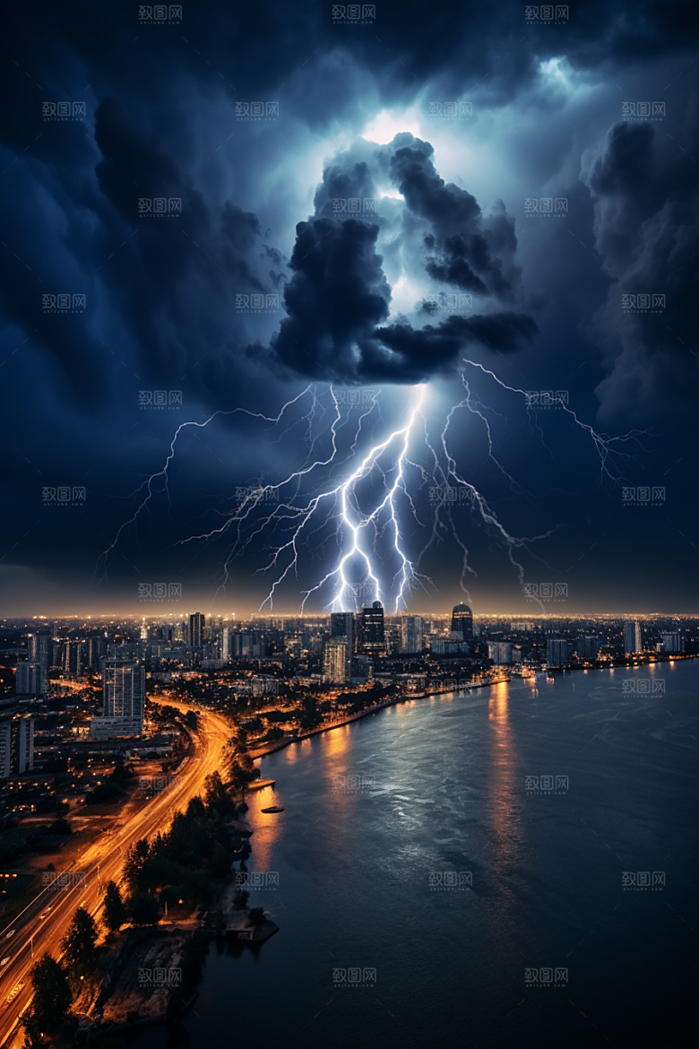 暴雨闪电自然灾害极端天气摄影图