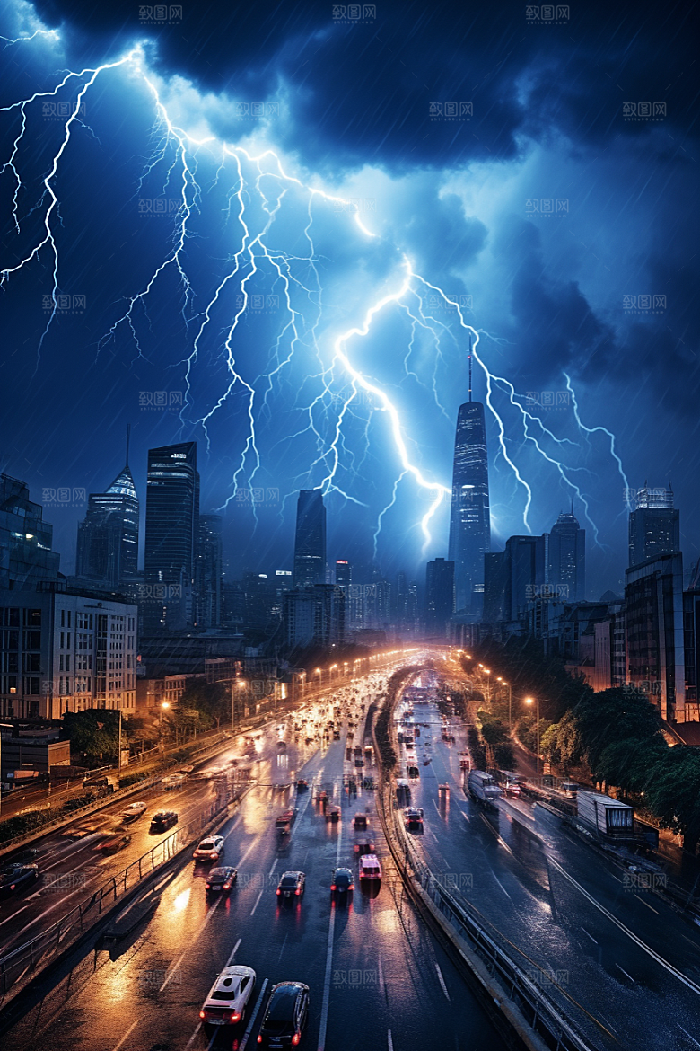 暴雨闪电城市气象摄影图