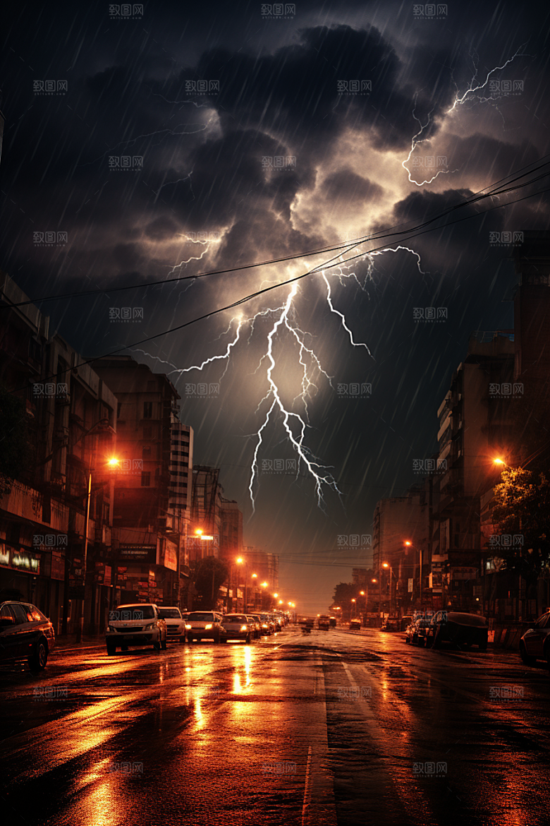 暴雨闪电极端天气自然灾害摄影图