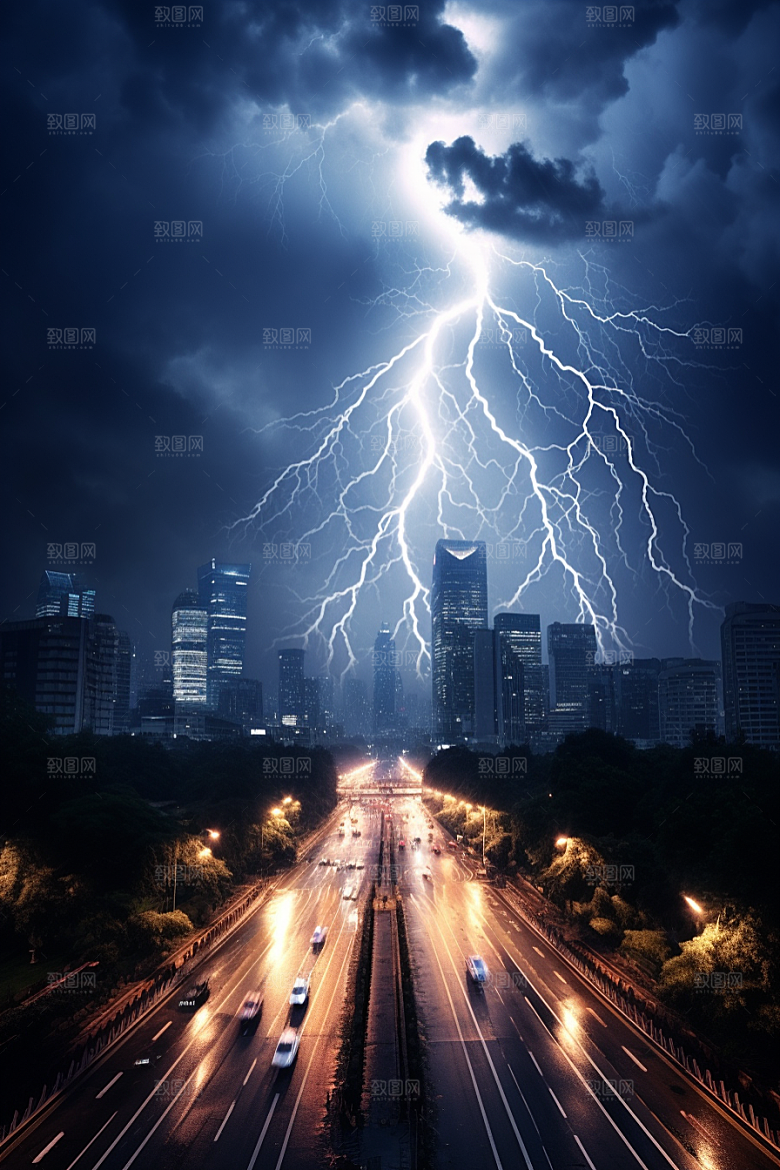 暴雨闪电极端天气高清摄影图