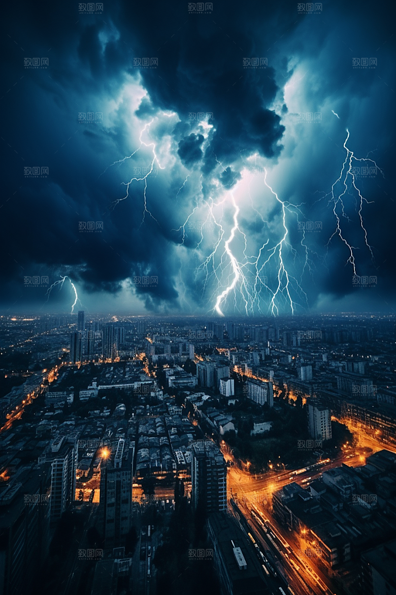 暴雨闪电自然现象城市摄影图