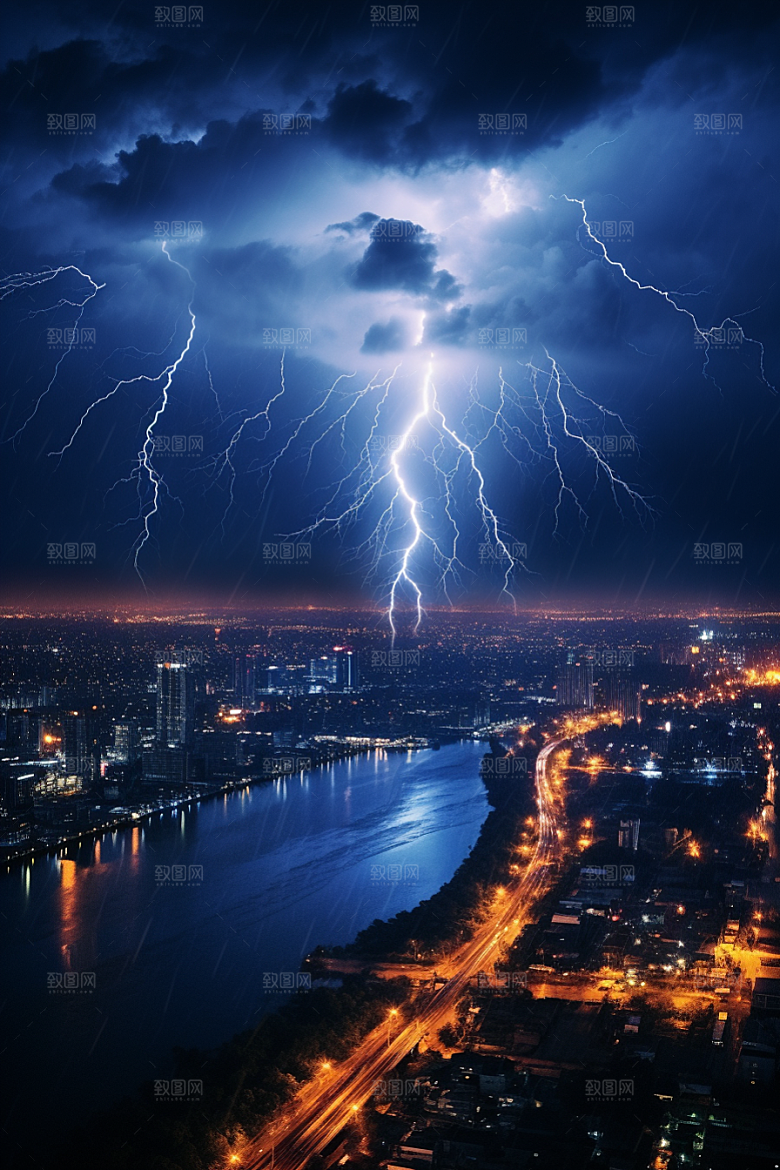 暴雨闪电电闪雷鸣城市摄影图