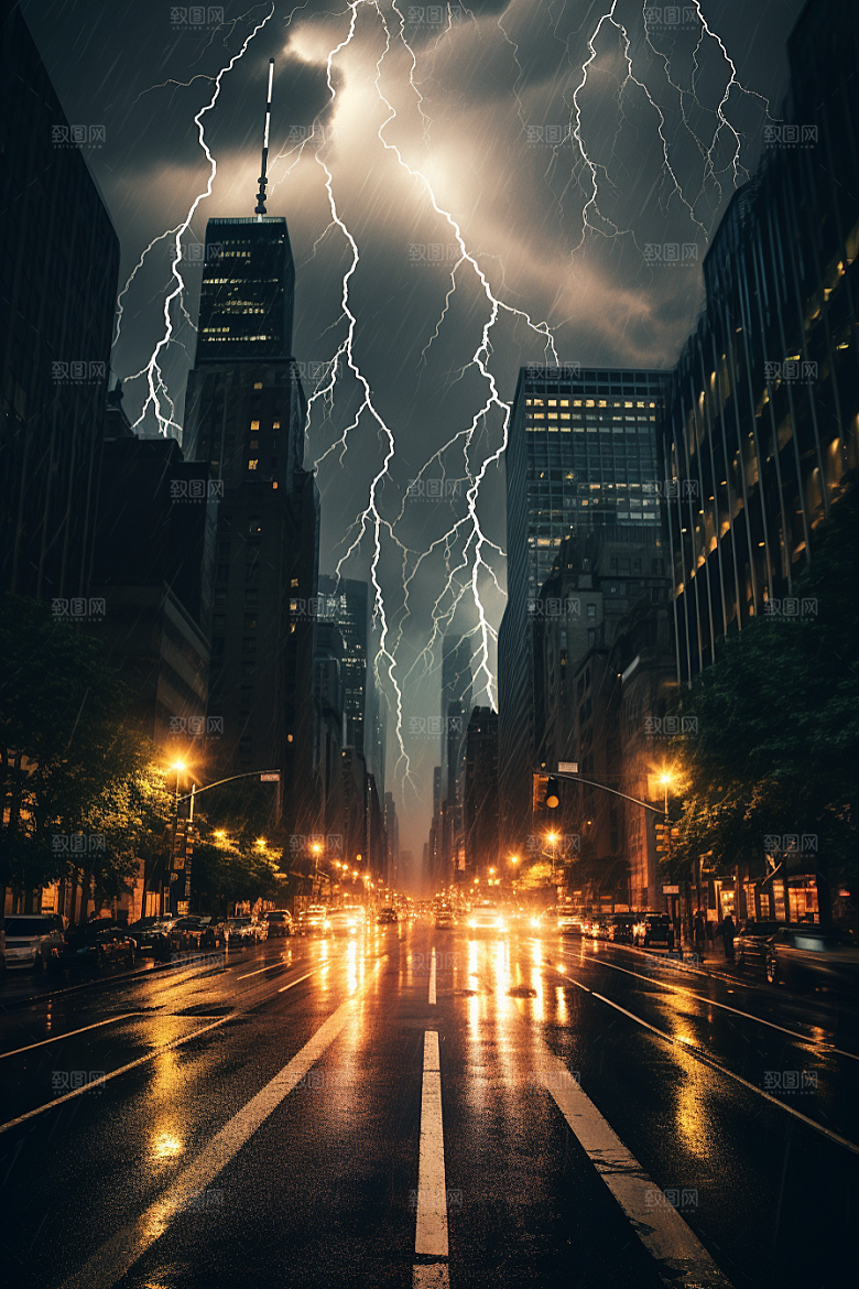 暴雨闪电城市高清摄影图